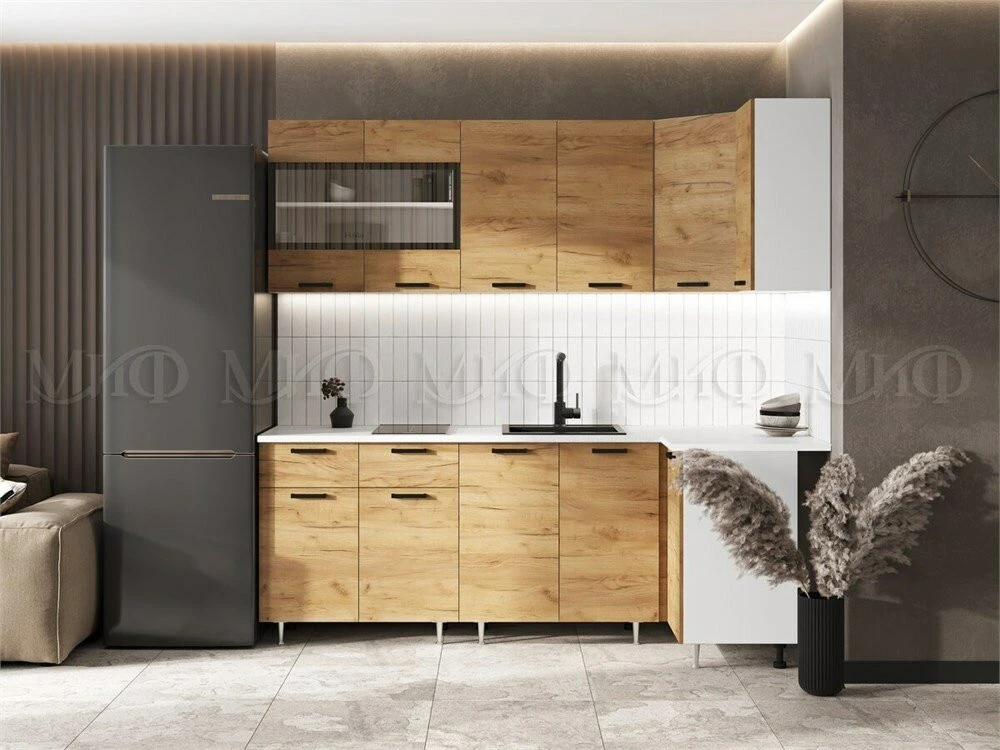МИФ Кухня Рио NEW угловая 2.2х1.0м Дуб Крафт Столешница Кастилло темный Дуб Крафт